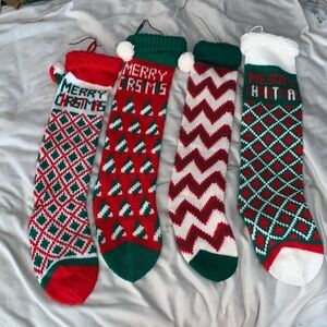 Vintage long knit Christmas stockings red green family set matching pom pom